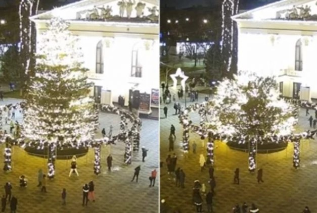  Árvore de Natal gigante desaba e quase atinge visitantes na Ucrânia